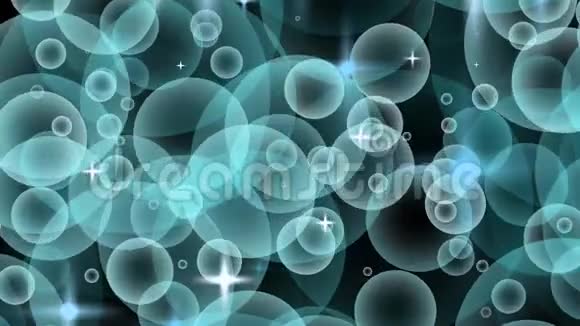 蓝绿色和灰色无缝气泡和恒星漂浮和缓慢移动循环粒子气泡动画黑色视频的预览图
