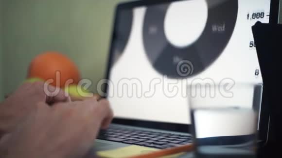 分析笔记本电脑屏幕上的图表在咖啡馆里用笔记本电脑的年轻人视频的预览图
