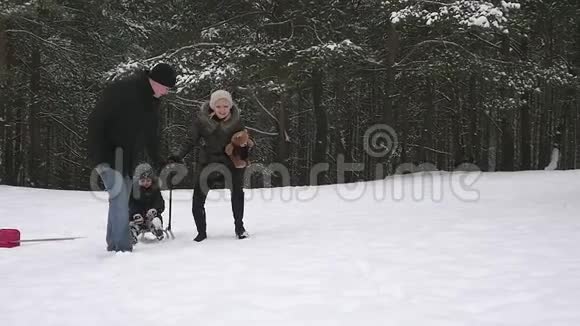 父母带着孩子在冬季公园的雪橇上奔跑视频的预览图