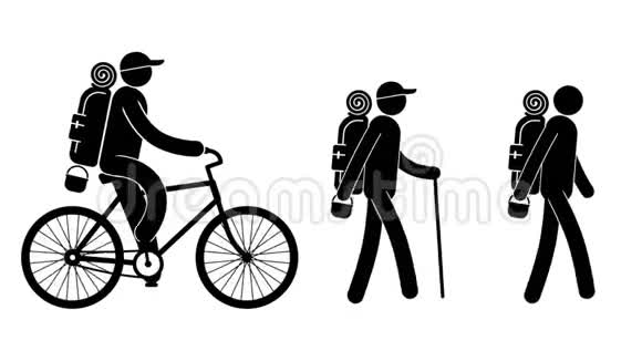 象形文字人游客步行和骑自行车视频的预览图