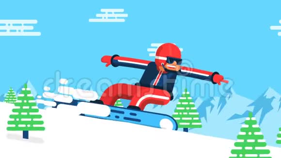 有趣的平板滑雪板穿着鲜艳的衣服沿着山腰飞奔而来视频的预览图