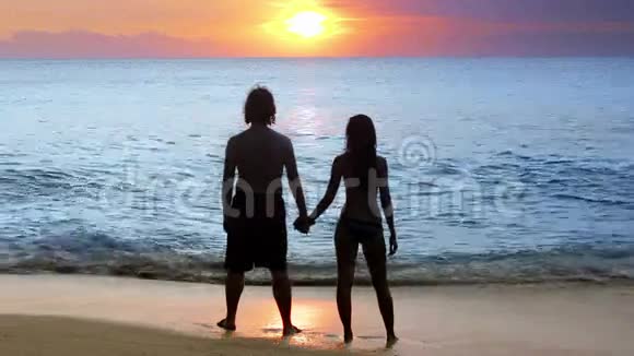 日落时在海滩上的浪漫情侣视频的预览图