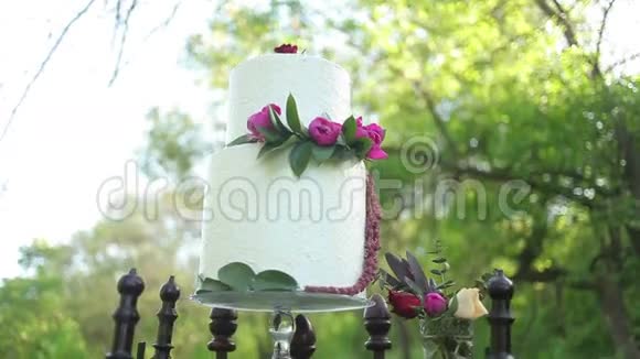 古色古香的木架上阳光下美丽的结婚蛋糕视频的预览图