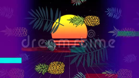 带日落的菠萝带五颜六色的条视频的预览图