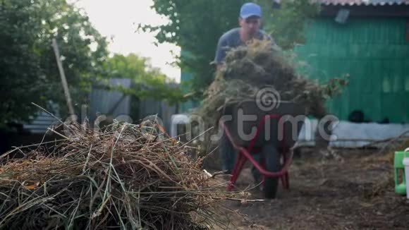 工作男人的生活方式和女人的园艺清洁草园农业工作农夫装垃圾和草视频的预览图