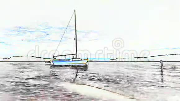 在多云的天空和地平线上画风的港口一艘形象的假日帆船视频的预览图