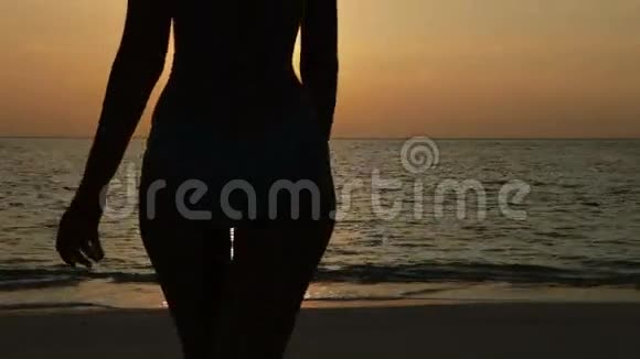 女人在海洋日落时的剪影视频的预览图