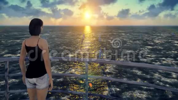 女孩站在古老的灯塔上欣赏日出和帆船真实的电影动画视频的预览图