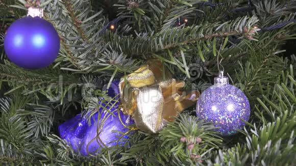 礼品袋藏在新年树的树枝上视频的预览图
