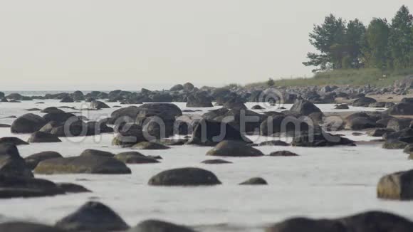 岩石海滩平静的大海傍晚的阳光视频的预览图