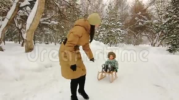 妈妈带着儿子拉雪橇视频的预览图