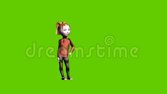动画小女孩看起来圆溜溜的走在绿色屏幕的背景上视频的预览图