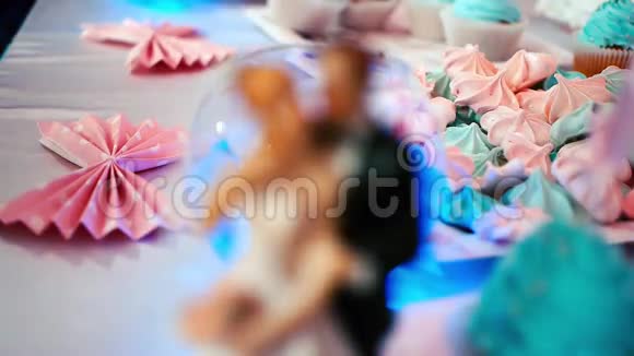 新娘和新郎在婚礼蛋糕上的形象视频的预览图