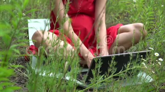 年轻时髦的女人打字键盘女孩在外面用笔记本电脑视频的预览图