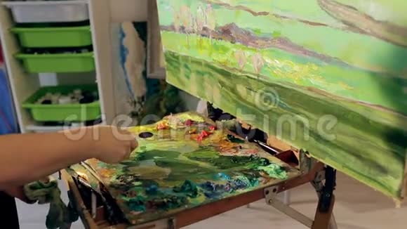 一个女人用油画颜料和刀画风景视频的预览图
