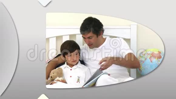 蒙太奇介绍细心的父亲和他的孩子一起玩视频的预览图