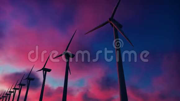 日落时的风车农场风车与红色天空的剪影现实的循环动画视频的预览图