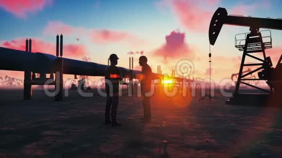 石油工人和商人在石油泵背景下日落时在管道附近交谈真实的电影视频的预览图