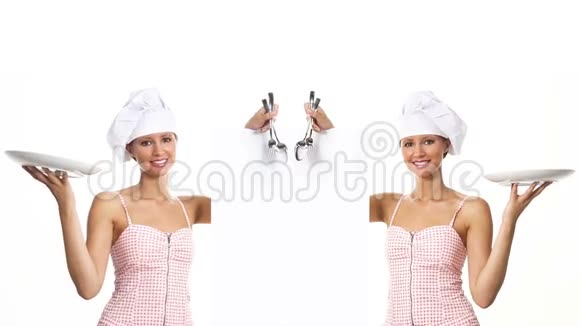 厨师女士显示广告牌餐具视频的预览图