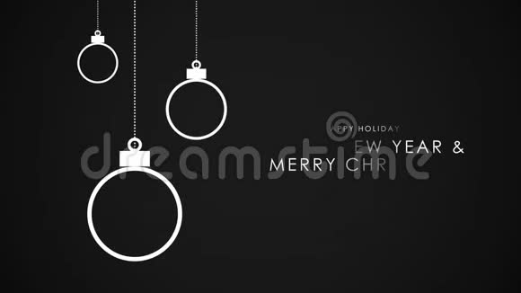 动画特写新年快乐和圣诞快乐文字黑色背景的白球视频的预览图