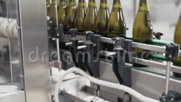 在香槟或葡萄酒工厂特写绿色瓶子沿着输送线移动视频的预览图