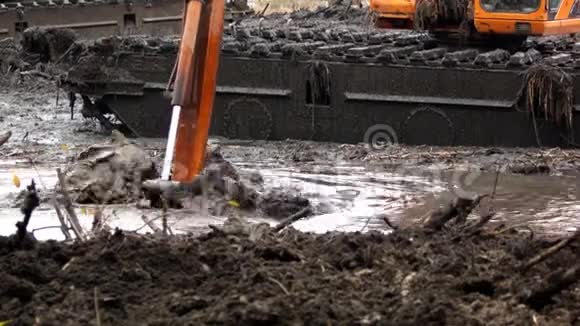 挖土机用宽桶清理和加深河床视频的预览图
