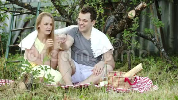 年轻夫妇在野餐时喝酒聊天视频的预览图