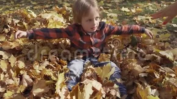 快乐的小男孩在公园里玩秋叶视频的预览图