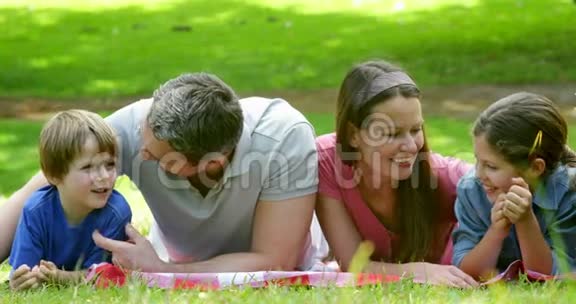 可爱的一家人躺在公园的毯子上聊天视频的预览图