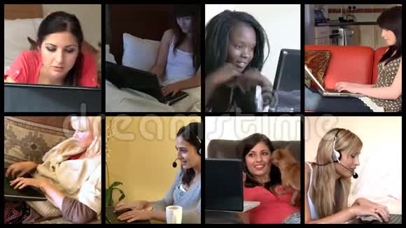 显示多民族妇女使用笔记本电脑的库存动画视频的预览图