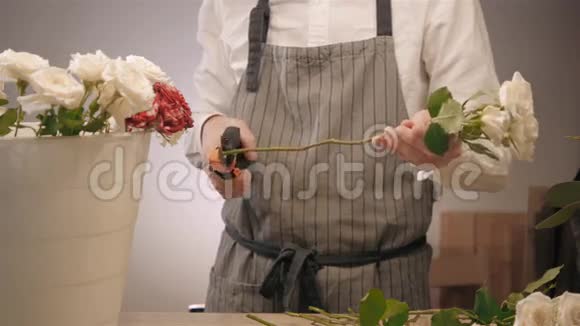 男性花店手特写切花玫瑰花为花束花卉设计工作室的男助理或业主视频的预览图