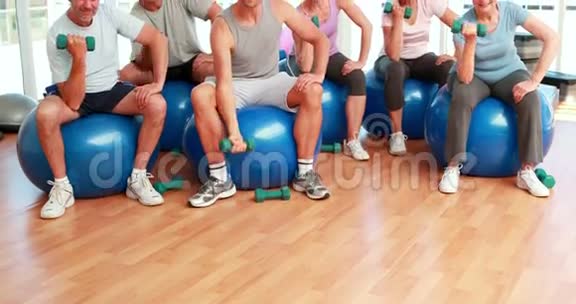健身小组坐在健身球上举起手中的重物对着镜头微笑视频的预览图