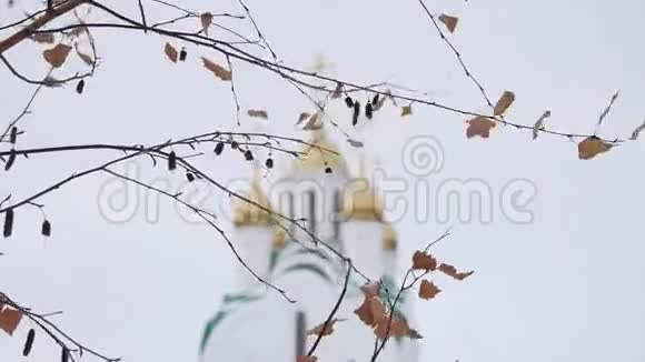 俄罗斯冬季背景教堂的桦树分支视频的预览图