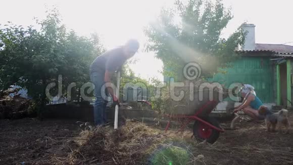劳动男女园艺打扫草地在园工作生活方式农业农民装载垃圾和草视频的预览图
