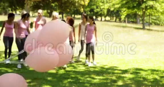 快乐的女人在公园散步以提高对乳腺癌的认识视频的预览图