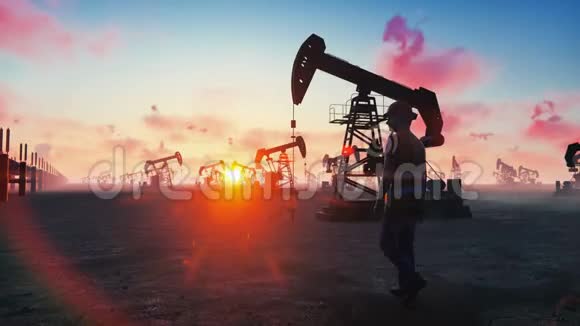 油工在日出时在无云的美丽天空的背景下检查油泵真实的电影动画视频的预览图