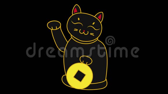 2d卡通日本猫手拿硬币挥舞爪子祝好运循环4k视频视频的预览图