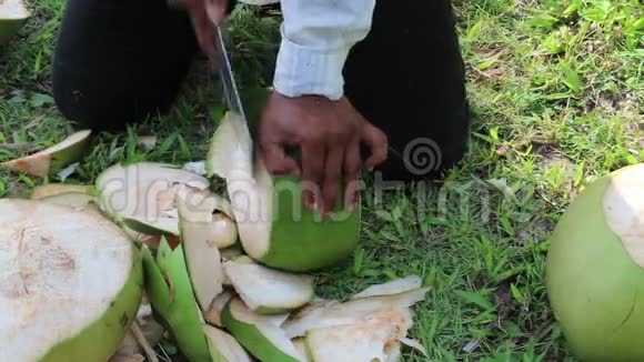 男人剥了一个绿色的大椰子视频的预览图