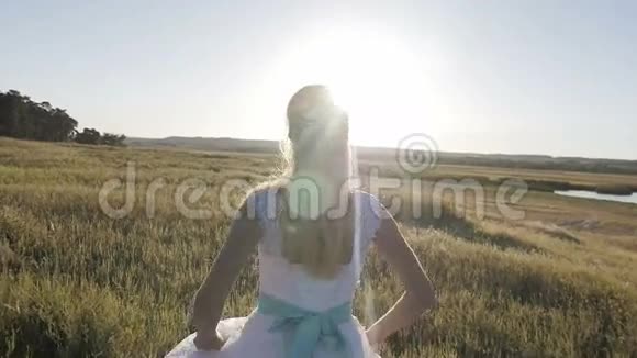 新娘穿过田野在夕阳下迎接太阳视频的预览图