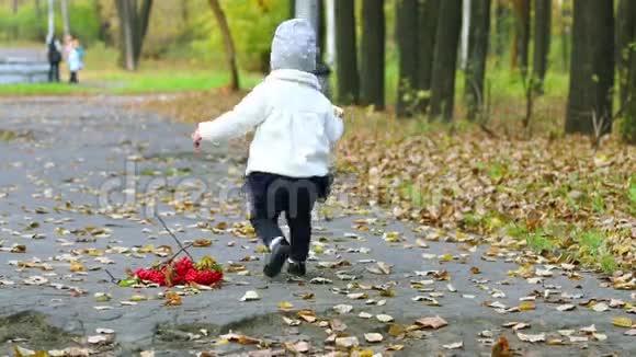 穿裙子的小女孩在秋天公园散步视频的预览图