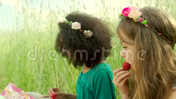年轻女孩吃草莓和欢呼视频的预览图