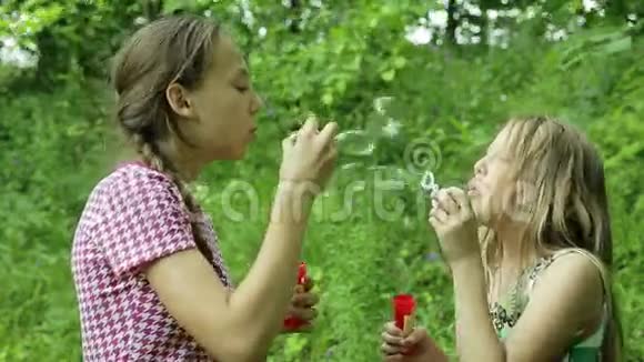 年轻女孩在户外吹肥皂泡视频的预览图