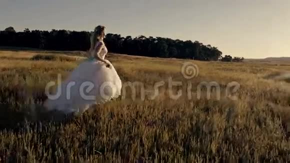 新娘穿过田野在夕阳下迎接太阳视频的预览图