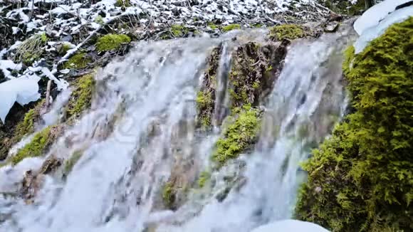 特写慢动作的梯级溪流被绿色石化的苔藓包围高山水体中矿物含量高视频的预览图