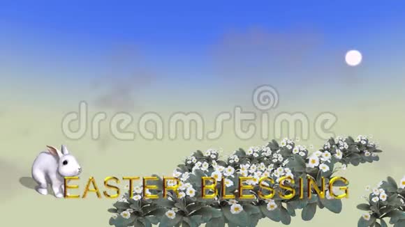 带有兔春花和复活节祝福文字的动画复活节卡片视频的预览图