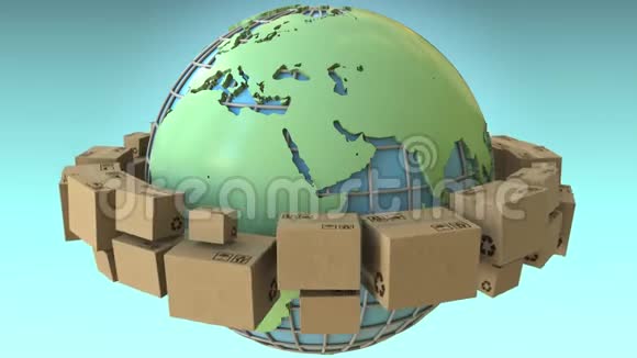 欧洲和非洲强调许多盒子在世界各地旋转概念循环三维动画视频的预览图