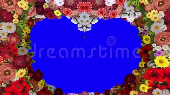 在蓝色背景上形成心脏轮廓的旋转颜色动画婚礼问候语模板视频的预览图