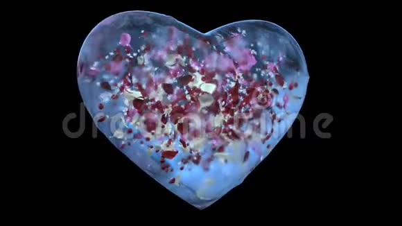 旋转蓝冰玻璃心与雪花彩色花瓣阿尔法马特环视频的预览图