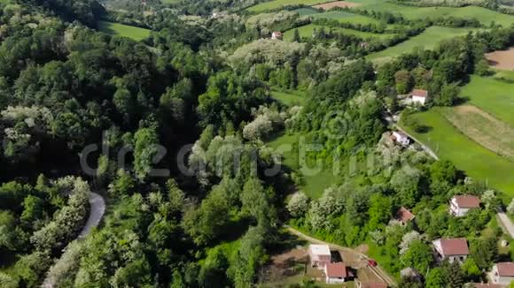 空中无人驾驶飞机飞过被森林包围的东欧山村夏天绿树成荫视频的预览图