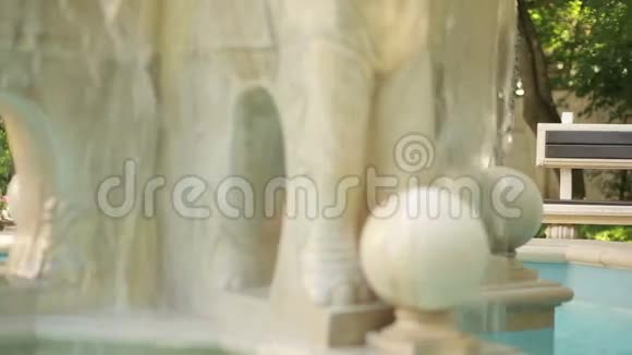 美丽的年轻女孩穿着裙子站在老式石头喷泉附近视频的预览图